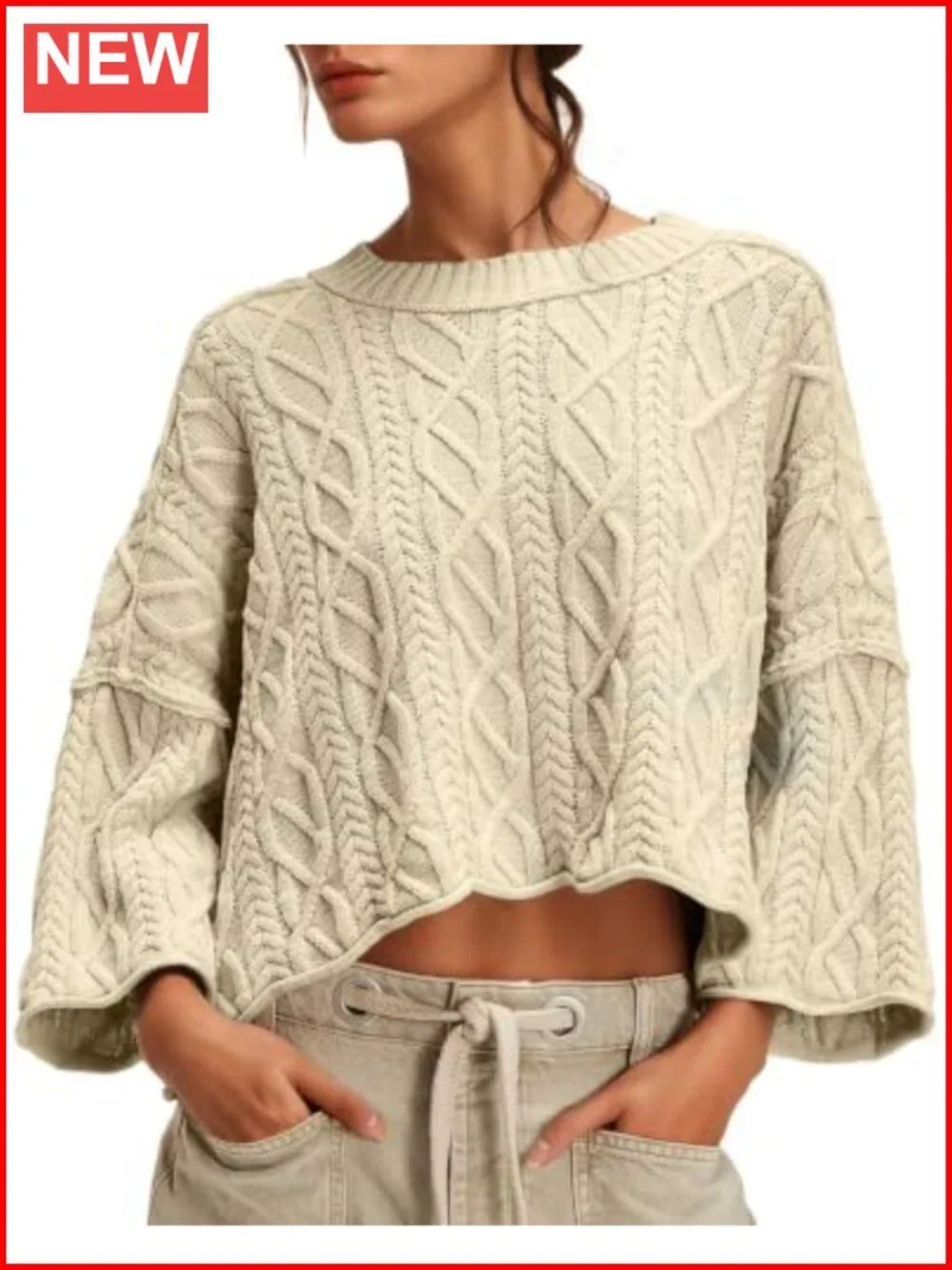 Womens Cable Knit Cropped Sweater Oversized Long Sleeve Crew Neck Pullover